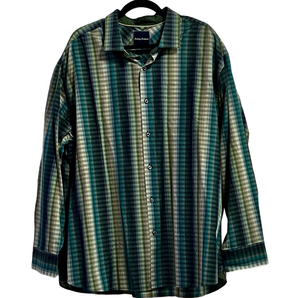 Men's Tommy Bahama 2XB Plaid Long Sleeve Green Blue Button Down Shirt w/Contrast
